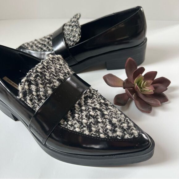 Zara Houndstooth Paton Black White Vegan Preppy Leather Loafer EU38 / US 7.5 - Picture 1 of 16